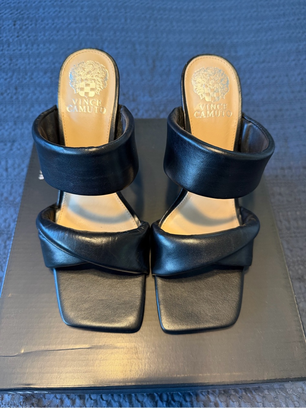 Vince Camuto Black Leather Double-Band Square-Toe Heels